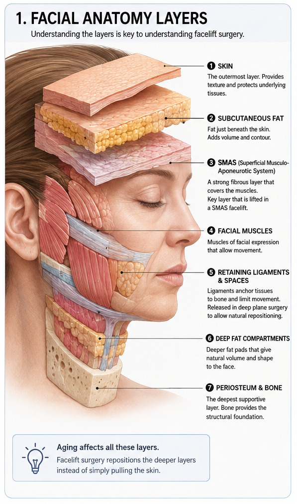 Cross-section illustration of facial anatomy showing seven layers: skin, subcutaneous fat, the SMAS, facial muscles, retaining ligaments, deep fat compartments, and periosteum with bone
