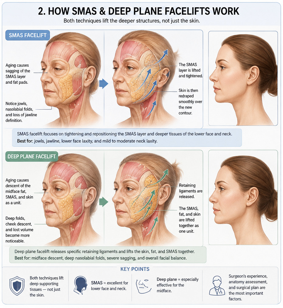 Side-by-side illustration comparing a SMAS facelift, where the SMAS layer is lifted and the skin redraped, with a deep plane facelift, where retaining ligaments are released and skin, fat and SMAS move together
